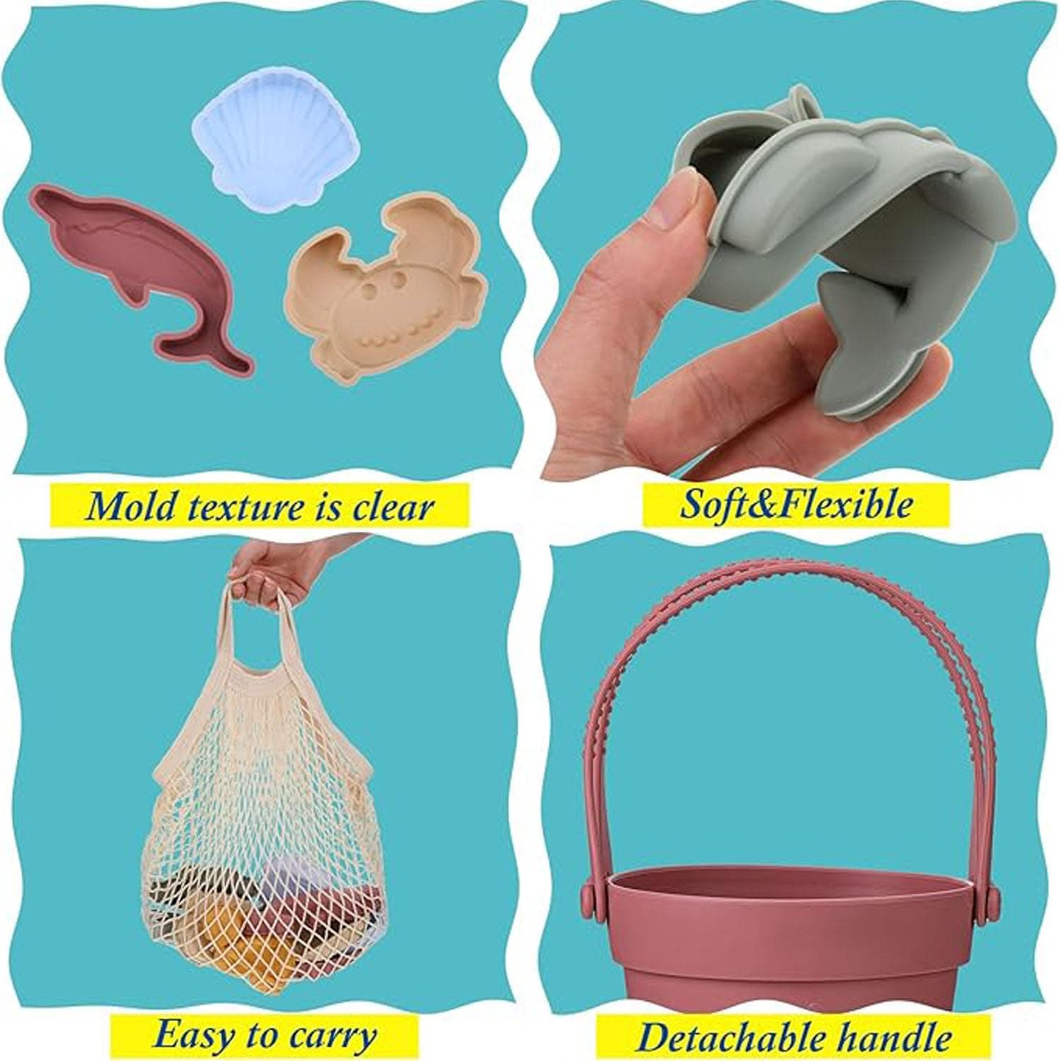 Silicone Beach Toys, 9 PCS Modern Baby Beach Toys, Travel Friendly Beach Set, Silicone Bucket, Shovel, Bucket and Mould Set Toys, Perfect for Gift and Summer for Kids thumbnail 6