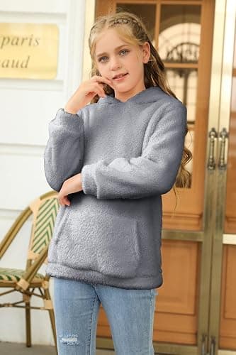 Haloumoning Girls Fuzzy Fleece Pullover Hoodies Sweatshirt Casual Loose Outwear Coat with Pockets 4-15 Years thumbnail 4
