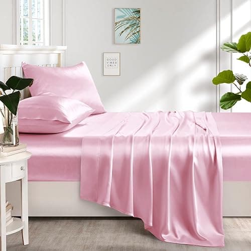 Silk like Satin Sheets, Full Size Bed Sheet Set, Pink, 4 Piece | Deep Pocket, Soft Cooling Feel, 360-Degree Elastic & 4 Corner Straps, Skin & Hair Friendly, Hypoallergenic thumbnail 5