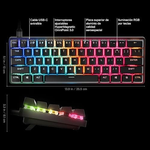 SteelSeries Apex Pro Mini Gen 3 OmniPoint 3.0 HyperMagnetic Switches — Adjustable Actuation — Rapid Trigger — Game-Ready Presets — Protection Mode — Rapid Tap/SOCD — RGB — PBT Keycaps — USB-C thumbnail 3