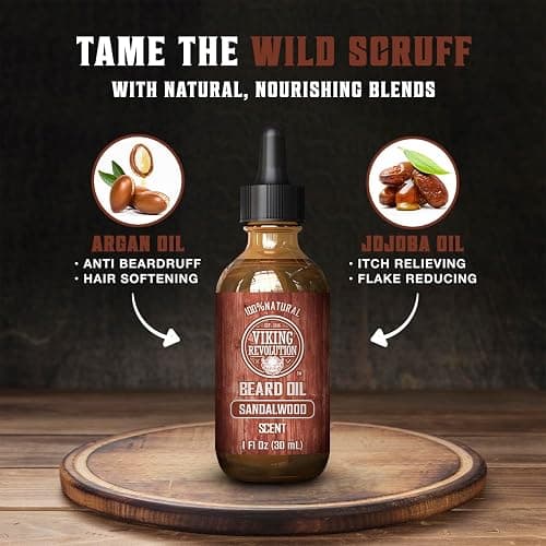 Viking Revolution Sandalwood Beard Oil for Men - Natural Mens Beard Oil with Argan Oil and Jojoba Oil - Beard Softener, Strengthens and Moisturizes - Beard Conditioner for Men (Sandalwood, 1 Pack) - Sandalwood - 1 Fl Oz (Pack of 1) thumbnail 3
