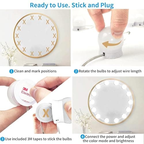 LED Vanity Mirror Lights with 14 Dimmable Bulbs, 3000K 4500K 6500K & 10 Brightness Levels Adjustable, Plug in USB Cable, Hollywood Style Stick On Mirror Lights for Makeup Desk Bathroom Dressing Room thumbnail 5