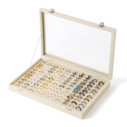 Frebeauty 100 Slots Ring Organizer Tray,Velvet Ring Box with Clear Lid | Velvet Lining Provides Protection,Fits Rings of Various Sizes,Glass Lid Jewelry Tray,for Personal Use and Ring Display - Image 1