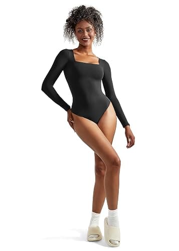 SUUKSESS Women Square Neck Long Sleeve Bodysuit Sexy Thong Bodysuit Shirts thumbnail 3