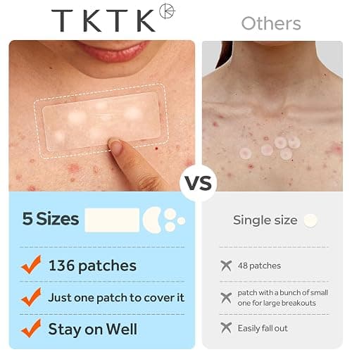 TKTK Large Pimple Patches for Face & Body, 68x27mm, 5 Sizes 136 Count | XL Hydrocolloid Bandage, Acne Patches Absorb Breakouts for Forehead, Chin, Nose, Chest and Back, Gentle on Sensitive Skin thumbnail 5