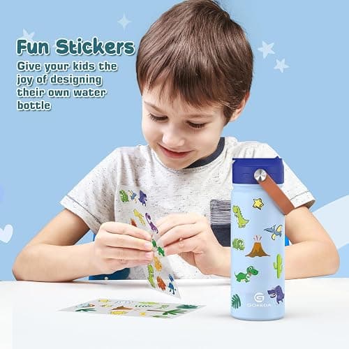GoKEDA 18oz Kids Water Bottle, 2 Pack Insulated Bottles with Stickers, 18/8 Stainless Steel Vacuum Leak Proof Straw Cup for School, Gifts for Boys(Light Blue, Dark Blue) thumbnail 2
