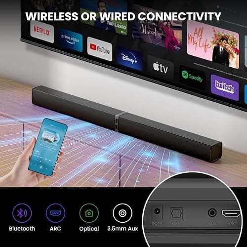 MZEIBO Sound Bar for Smart TV，80W Detachable Bluetooth Soundbar with Powerful Bass, 2-in-1 Home Theater Audio System, ARC/Optical/AUX Connectivity for TV/PC/Laptop/Game Console thumbnail 7