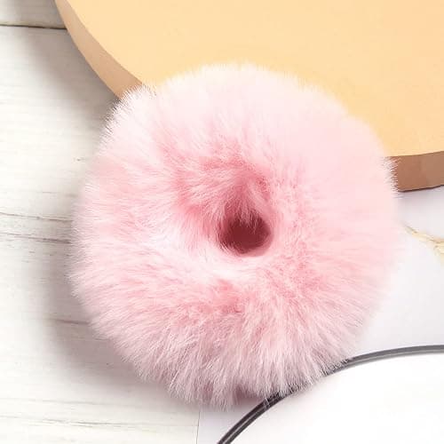 Furling Pompoms Furry Faux Rabbit Fur Hair Scrunchies Artificial Fur Hair Bobbles Elastic Hair Band Rope Wristband Ponytail Accessories Light Pink 2pcs thumbnail 2