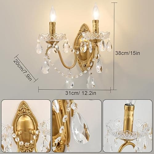 Ondersley Crystal Wall Sconce Set of 2, Crystal Wall sconces, Vintage Wall sconces, Gold Brass Finish with Glass Drops, for Bedroom Living Room Bathroom Vanity Mirror Light Fixtures thumbnail 5