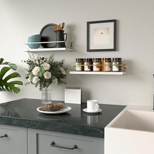 RICHER HOUSE Bathroom Shelves, Small Floating Wall Shelf for Bathroom Decor, Wall Mounted Wood Shelves, Bathroom Organizer Over Toilet Storage, Guard-Rail Kitchen Shelves Set of 2 - White Gold thumbnail 7