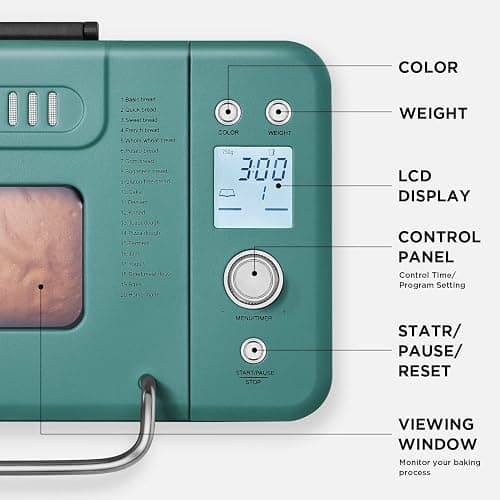 Neretva Bread Maker, 20-IN-1 2LB Bread Machine Dual Heater Bread Maker Machine Automatic with Nonstick Ceramic Pan, 15H Timer & 1H Keep Warm Set, Low Noise, Stainless Steel Breadmaker Recipe-Green thumbnail 7