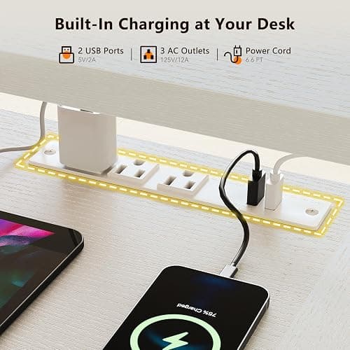 OffiGo U Shaped Electric Standing Desk with Keyboard Tray, 55 Inch Height Adjustable Desk with Power Outlets & LED Lights, Sit Stand Table with Monitor Stand for Home, Office, White thumbnail 8
