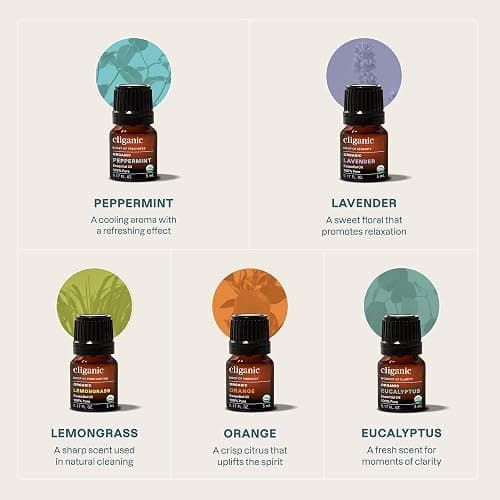 Cliganic Organic Essential Oils Set (Top 5 x 15ml) - 100% Pure Natural - Aromatherapy, Candle Making - Peppermint, Lavender, Eucalyptus, Lemongrass & Orange thumbnail 2