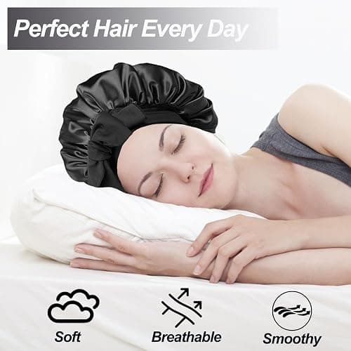 Silk Bonnet Satin Bonnet for Sleeping Large Bonnets with Tie Band Hair Wrap with Adjustable Straps Hair Cap for Women Curly Black thumbnail 3