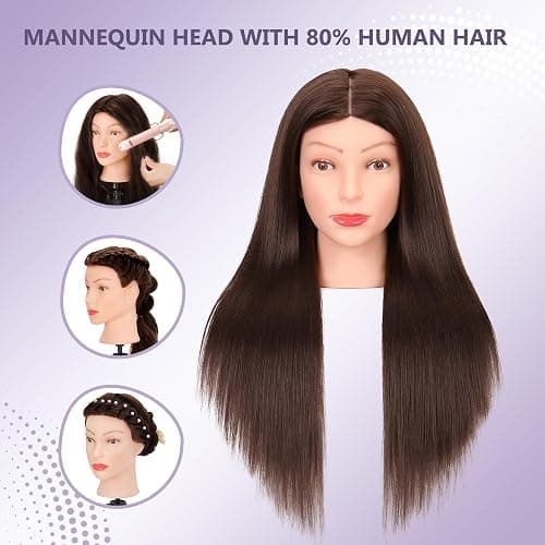 Mannequin Head Human Hair 80% Real Hair Cosmetology Mannequin Head for Braiding Styling Cutting 26-28” Doll Head with Clamp Tools (Brown) thumbnail 3