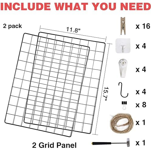 C&AHOME Photo Wall Grid Panel Set of 2, Decor Grid Panel, Photo Display Shelves, Hooks, Clips, Hemp Cord, Hammer, 15.7" 11.8", Black UWWGM3402B thumbnail 3