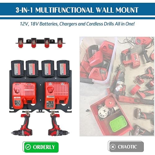 DITKOK 3-in-1 Metal Wall Mount for Milwaukee Charger, Battery and Drill, Battery Holder for 4×M12 & 4×M18 Batteries, Charger Holder for 2x M12-18C/2x M12-18FC/1x M18 DFC Chargers, Power Tool Organizer thumbnail 5