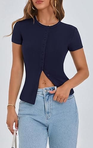 PRETTYGARDEN Women's Short Sleeve Summer Tops 2025 Trendy Ribbed Knit Button Up Tight Basic Tees Shirts Going Out Y2K Clothes thumbnail 8