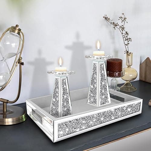 Wocred Mirror Perfume Tray fits Dresser Bedroom,Crushed Diamond Bathroom Tray with Handles，Vanity Tray,Decorative Serving Tray for Coffee Table Decor(14”x 10”x 3”) thumbnail 2