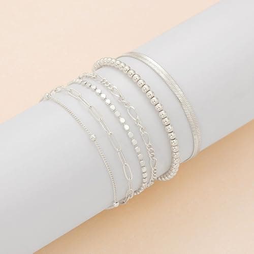 DEARMAY Dainty Silver Plated Chain Bracelets for Women Trendy, Waterproof Silver Jewelry Sets Fashion Stackable Beaded Figaro Herringbone Paperclip Chain Bracelet Pack Stack Gifts thumbnail 7