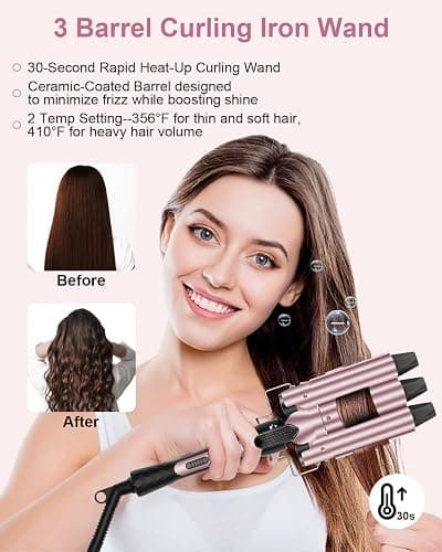 6 in 1 Wand Curling Iron, 3 Barrel Curling Iron Set with Thermal Brush (1.5") and 5 Interchangeable Ceramic Wand Curler (0.35"-1.25"), 2 Temp Heating Setting, Christmas Birthday Gifts for Women thumbnail 4