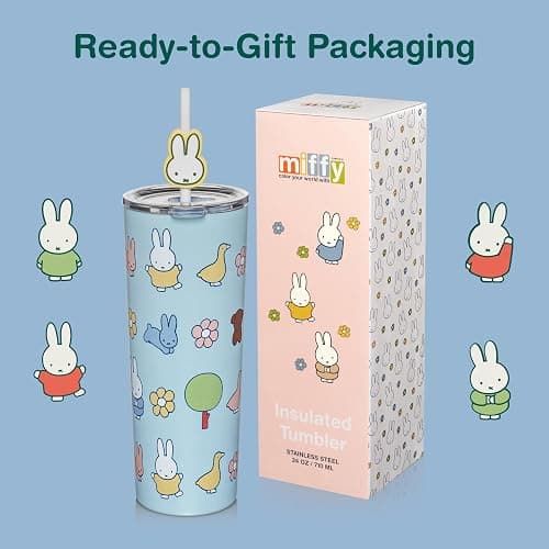 Dragon Glassware | Miffy Vacuum Insulated Stainless Steel Tumbler - 24 oz Double Walled Tumbler with Straw Charm - Official Miffy Merch - Blue thumbnail 6
