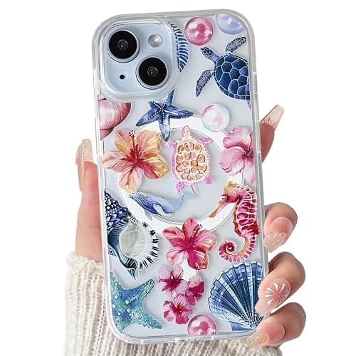 Lovmooful Magnetic Compatible with iPhone 15 Case Compatible with MagSafe Clear Ocean Cute Marine Life Seashell for Girls Women Soft TPU+PC Shockproof Protective Girly-Seahorse - Image 1