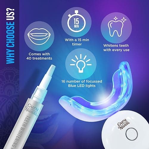 GuruNanda Professional Teeth Whitening Wireless Kit with LED Light & Whitening Pen, Helps Remove Surface Stains from Coffee, Food, Soda, 40 Treatments thumbnail 4