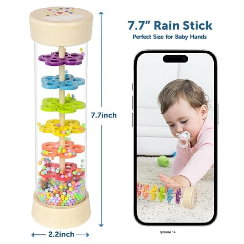 Rain Stick Montessori Baby Toys for 6-12 Months 1 Year Old, Wooden Rainmaker Infant Musical Sensory Toy, Baby Shower Gift for Newborn Toddler Boys Girls, 7.7" thumbnail 2