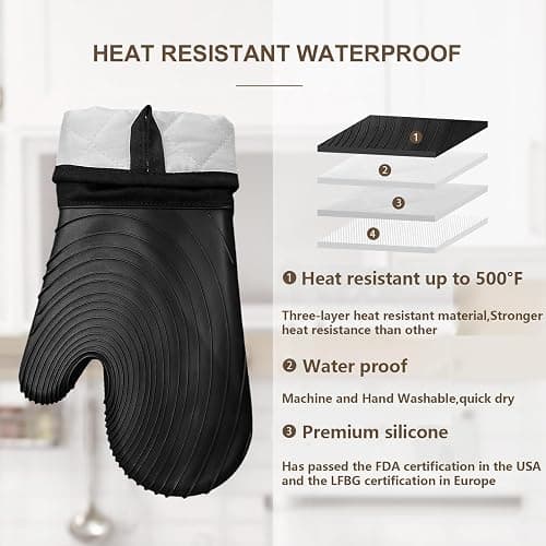 Silicone Oven Mitts-13.6 in Extended Oven Mitts Heat Resistant 500F, Oven Gloves with Soft Liner Good Grippy BPA-Free Easy to Clean Flexible-Oven Mits Set for Cooking Baking Grilling BBQ-Black - Black thumbnail 3