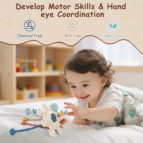 TYRY.HU Silicone Baby Sensory Montessori Toys,Silicone Pull String Fidget Toys for Babies 18 Months+, Travel Toy for Plane, Car, and Stroller, Early Educational Fine Motor Skills Toy for Toddlers thumbnail 6