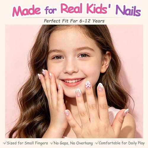 24pcs Press on Nails for Kids, Trendy Ballet Bow & Flower for Girls 8-12 | Almond Short French Tips, 12 Size, Non-Toxic, Fashion Nail Kit with Adhesive Tabs, Nail File, for Christmas, Birthday, Party thumbnail 2