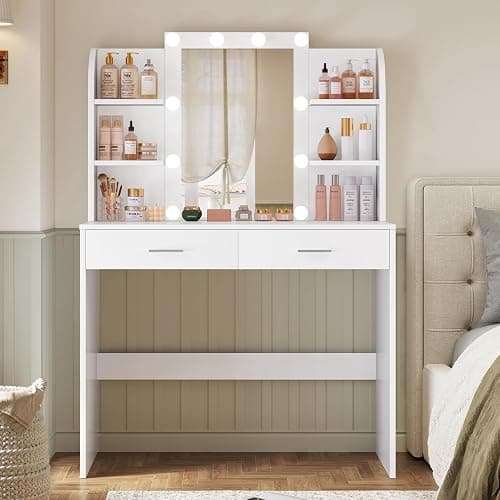TEENFON Vanity Desk with Mirror & Lights, Makeup Vanity with 6 Shelves, Dressing Table with 2 Drawers, 3 Color Light Adjustable for Bedroom, Modern, White thumbnail 2