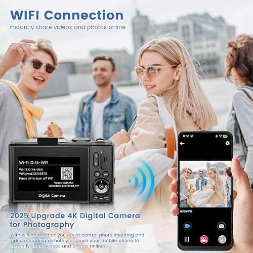 4K Digital Camera for Photography with 3" 180°Flip Screen, 64MP Vlogging Camera for YouTube, 4K Ultra HD WiFi Camera with 18X Digital Zoom，Compact Camera with Flash, 32GB TF Card & 2 Batteries（Black） - Black thumbnail 5