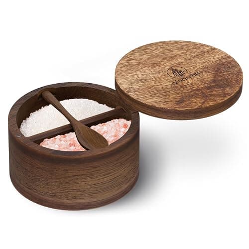 Vorisebo Acacia Wood Salt Container with Built-in Spoon, Elegant Salt Holder with Magnetic Swivel Lid, Salt Box for Kitchen to Storage Pepper, Spice or Favorite Seasonings, 5OZ (Two Compartments) thumbnail 7