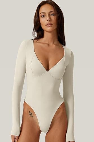 QINSEN Women's Long Sleeve Bodysuit V Neck Body Suits Seamed Cup Going Out Tops Shirt thumbnail 3