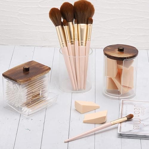 Tbestmax Bathroom Organizer Accessories Set-10 OZ,7 OZ Qtips Holder Storage with Wood Lids, Cotton Ball/Swabs Dispenser, Apothecary Container Jar 3 Pcs thumbnail 2