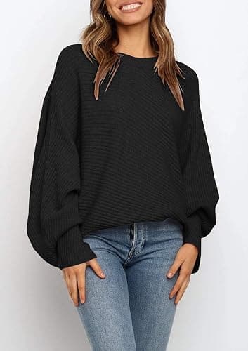 Mafulus Women's Oversized Crewneck Sweater Batwing Puff Long Sleeve Cable Slouchy Pullover Jumper Tops thumbnail 2