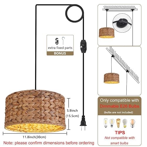 passong Boho Rattan Plug in Pendant Light, 11.8" Hand-Woven Natural Water Hyacinth Lampshade, Small Dimmable Hanging Lamp with 15ft Cord for Bedroom Corner, Reading Nook and Dorm - No Hardwiring thumbnail 3