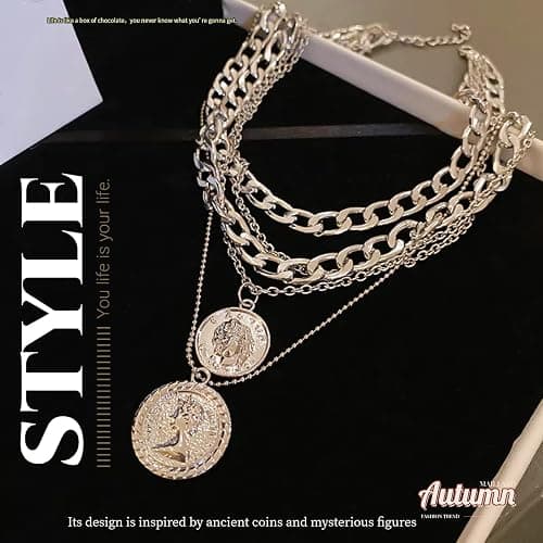 GAUEIOUR Punk Chunky Chain Necklace, Multi Layered Queen Engraved Coin Alloy Pendant, Round Hip Hop Necklace, Exaggerated Cuban Necklace, Thick Collar Jewelry For Women And Girls (Silvery) thumbnail 3