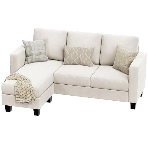 VICTONE Convertible Sectional Sofa Couch, 3 Seat L-Shaped Sofa with Linen Fabric Ottoman Small Couch for Small Apartments, Living Room and Office (Linen Fabric, White) thumbnail 8