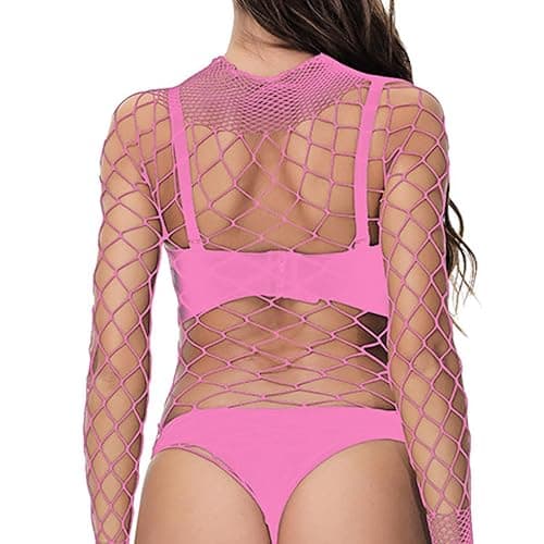 Tosmifairy Fishnet Bodysuit Top for Women Stretch One Piece Long Sleeve Mesh Rave Romper Body Suit - Pink thumbnail 4