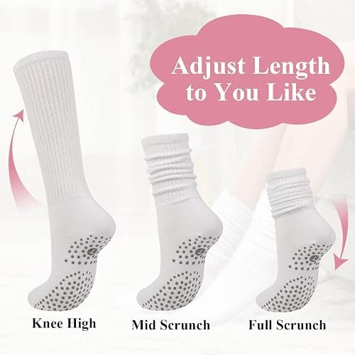 Grip Pilates Socks for Women, Yoga Slouch Socks with Grip for Barre Workout Hospital Long Scrunch Slipper Socks thumbnail 3