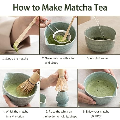 Ochcahser Matcha Kit Set, Matcha Whisk Set Includes Matcha Bowl And Holder, Bamboo Matcha Whisk, Scoop and Matcha Sifter, 17 oz Mottled Blue Glaze Ceramic Matcha Kit for Tea Lovers thumbnail 7