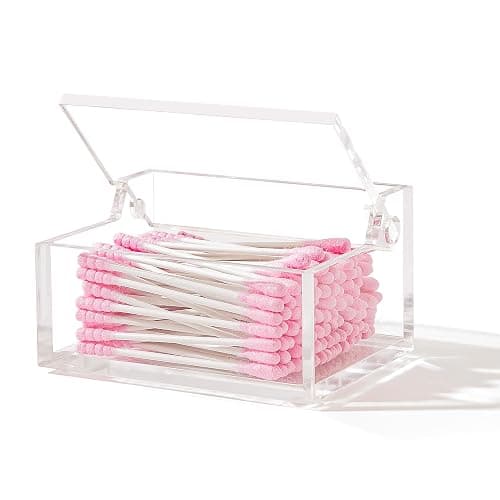 WORHE Q-Tip-Halter mit Deckel, Acryl-Wattebäusche- und Wattestäbchen-Organizer, Q-Tip-Spender für Schminktisch oder Arbeitsplatte,Make-up-Pads und Kosmetik-Aufbewahrungsbox(DP051) - Image 1