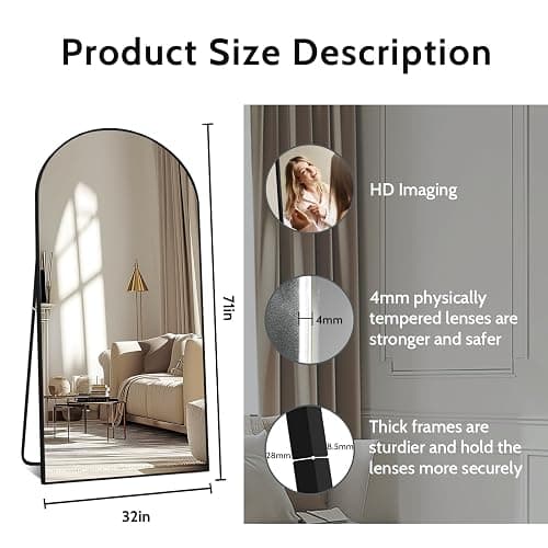 Beauty4U 71" x 32" Arched Full Length Mirror, HD Tempered Glass Floor Mirror with Black Aluminum Frame, Standing/Leaning/Wall Mounted Mirror for Bedroom, Dressing Room & Living Room thumbnail 2
