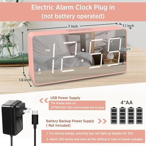 Peakeep Digital Clock, Alarm Clock Battery Backup Powered for Bedrooms - Mirror Face Large Numbers 6 Dimmers for Seniors, Super Loud for Heavy Sleepers (Pink) thumbnail 2