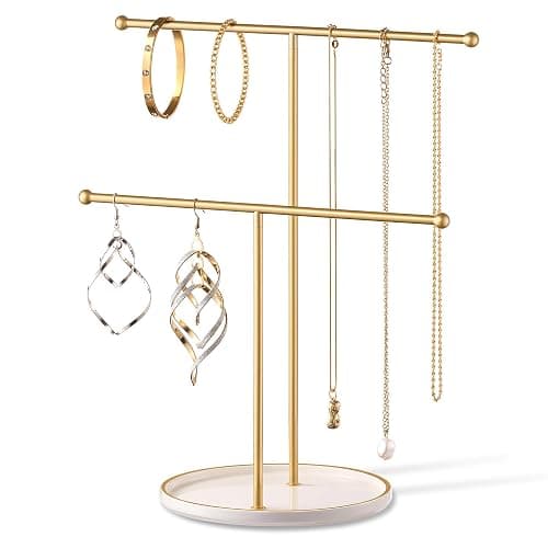 Josmimic Gold Jewelry Holder Stand with Ceramic Tray: Small Hanging Necklace Organizer Tree for Earrings, Bracelets, Rings – Jewelry Display Hanger for Women & Girls, White thumbnail 8