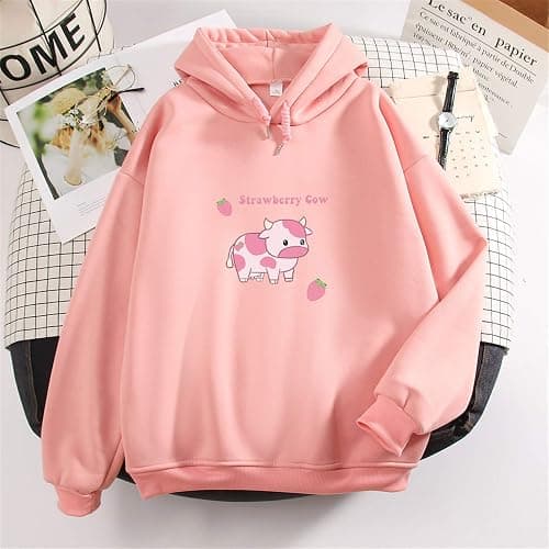 KEEVICI Pullover Sweatshirts for Women Cute Strawberry Cow Print Hoodie Casual Fuzzy Top thumbnail 3
