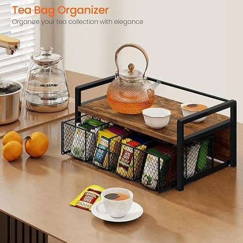 Homode Tea Bag Organizer, Wood Tea Organizers and Storage Chest, Teabag Holder with Storage Drawer,Tea Station Chest Display Container Box for Countertop Kitchen, Rustic Brown thumbnail 4